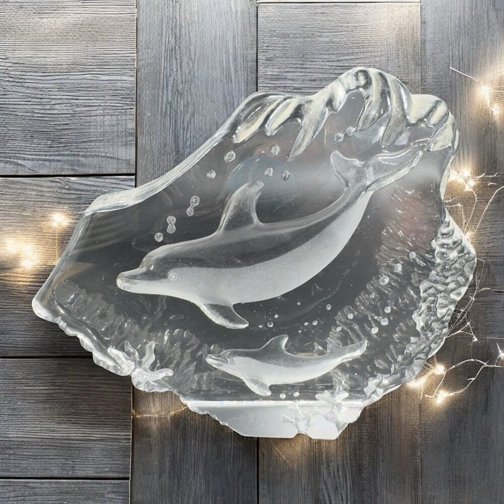 Vintage Clear Crystal Glass Plaque Paperweight Dolphins Figurine Decorative VTG